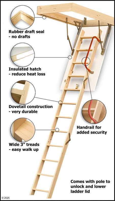 Wide 3” treads - easy walk up Handrail for added security Dovetail construction - very durable Insulated hatch - reduce heat loss Rubber draft seal - no drafts © 2025  Comes with pole to  unlock and lower  ladder lid